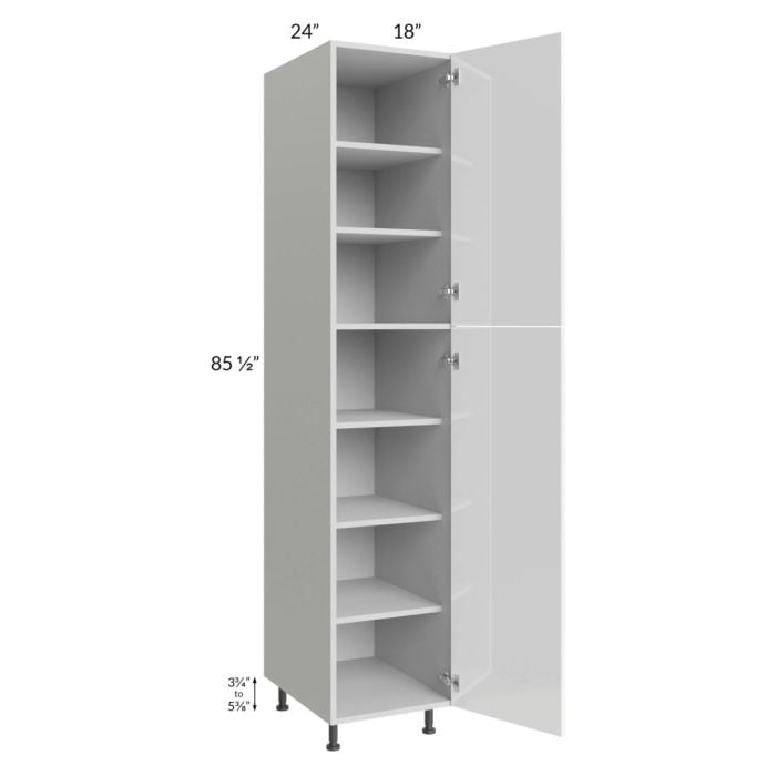 RTA Milan White Gloss 18" x 24" x 90" Pantry Cabinet (24" depth)-Left Hinged with 2 Finished Sides and 1 Roll Out Tray
