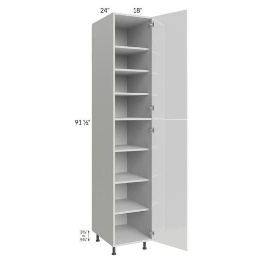 RTA Milan White Gloss 18" x 24" x 96" Pantry Cabinet (24" depth)-Left Hinged with 1 Finished Side and 3 Roll Out Trays