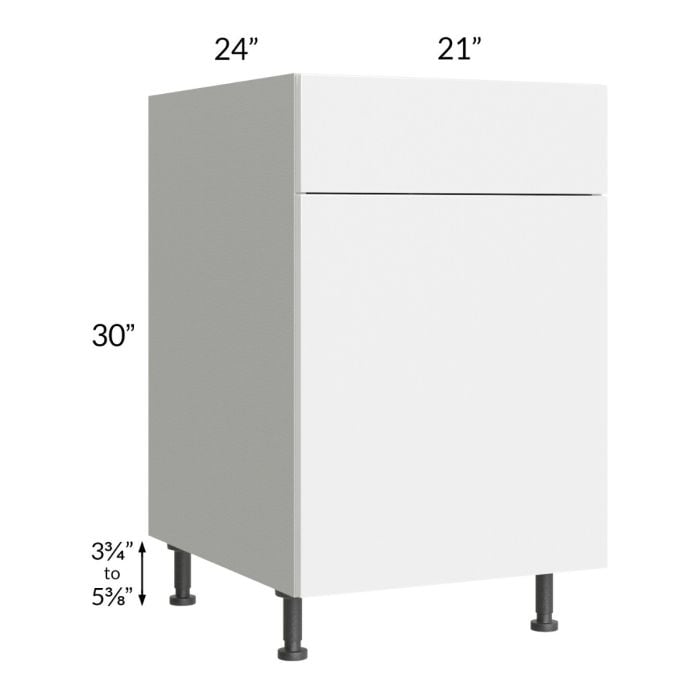 RTA Milan White Gloss 21" Base Cabinet-Left Hinged with 1 Finished Side and 1 Roll Out Tray