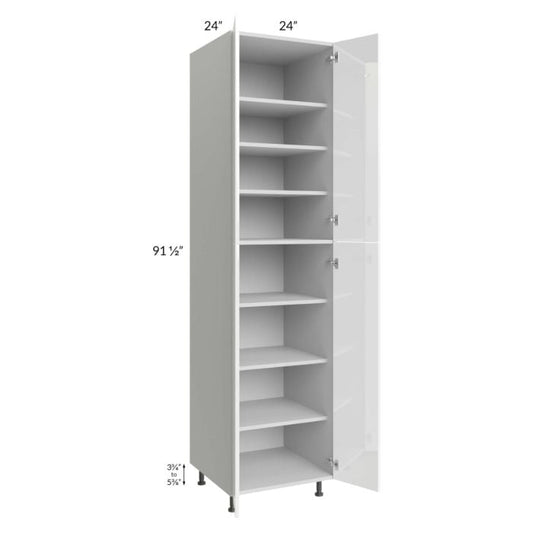 RTA Milan White Gloss 24" x 24" x 96" Pantry Cabinet (4 doors, 24" depth) with 1 Finished Side and 2 Roll Out Trays