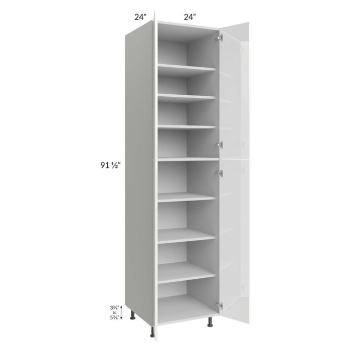 RTA Milan White Gloss 24" x 24" x 96" Pantry Cabinet (4 doors, 24" depth) with 1 Finished Side and 4 Roll Out Trays