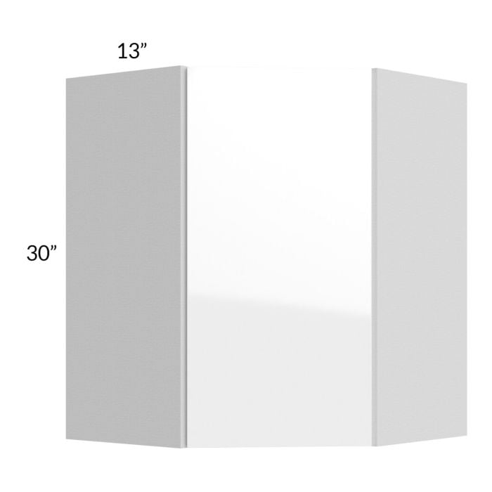 RTA Milan White Gloss 24" x 30" Diagonal Corner Wall Cabinet-Left Hinged with 1 Finished Side