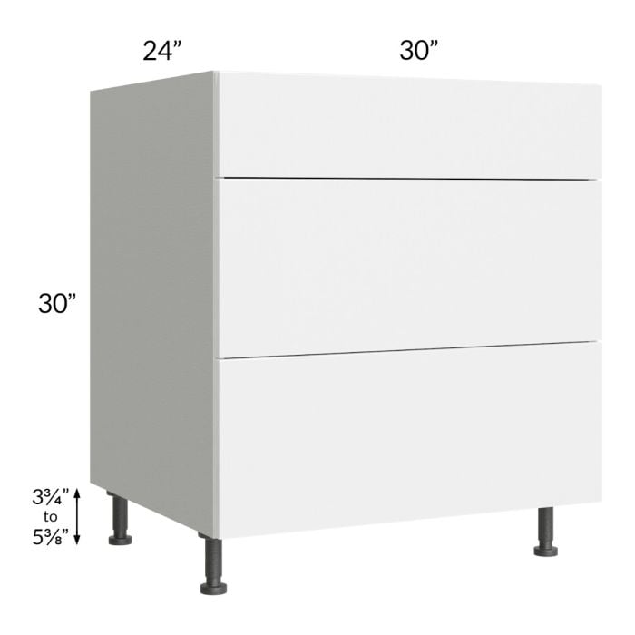 RTA Milan White Gloss 30" 3-Drawer Base Cabinet with 2 Finished Sides