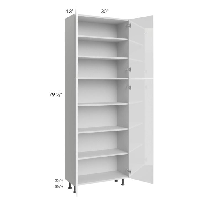 RTA Milan White Gloss 30" x 13" 84" Pantry Cabinet (13" depth) with 1 Finished Side