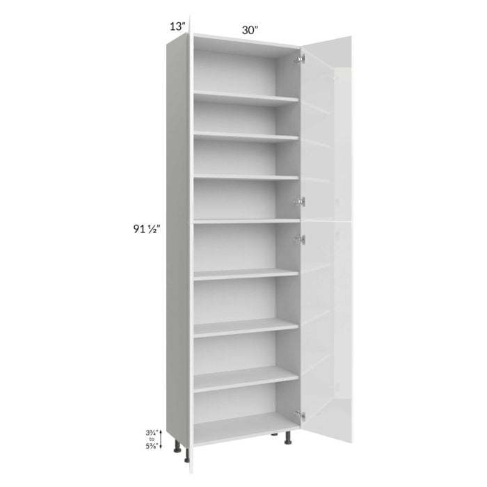 RTA Milan White Gloss 30" x 13" x 96" Pantry Cabinet (13" depth) with 1 Finished Side