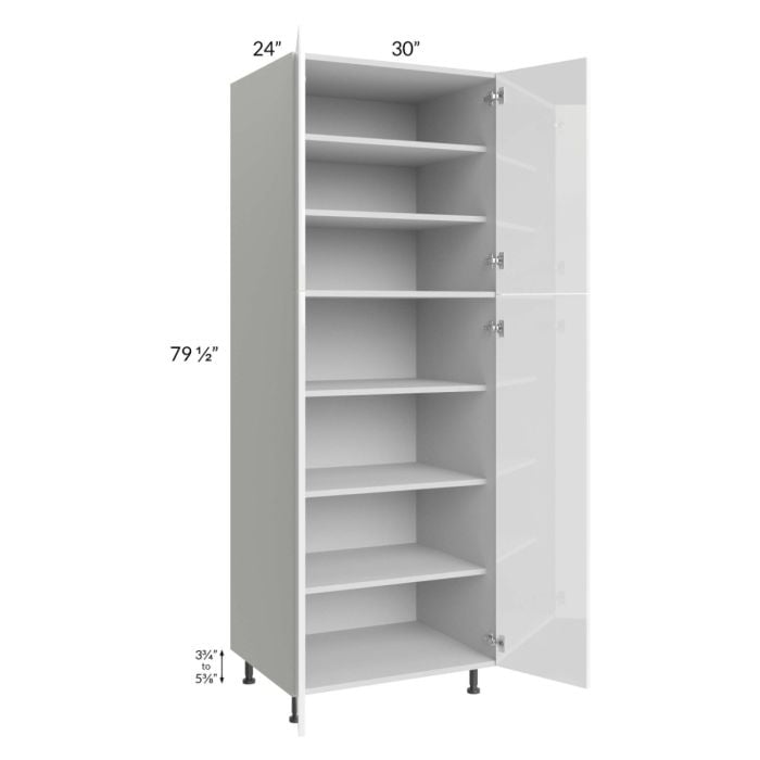 RTA Milan White Gloss 30" x 24" x 84" Pantry Cabinet (24" depth) with 1 Finished Side and 1 Roll Out Tray