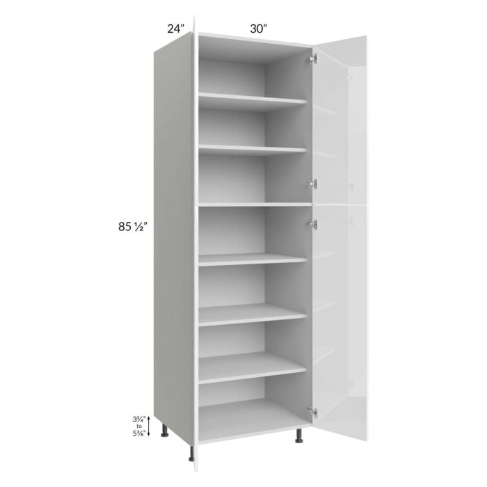 RTA Milan White Gloss 30" x 24" x 90" Pantry Cabinet (24" depth) with 1 Finished Side and 1 Roll Out Tray