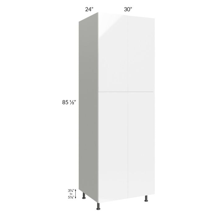 RTA Milan White Gloss 30" x 24" x 90" Pantry Cabinet (24" depth) with 2 Finished Sides and 1 Roll Out Tray