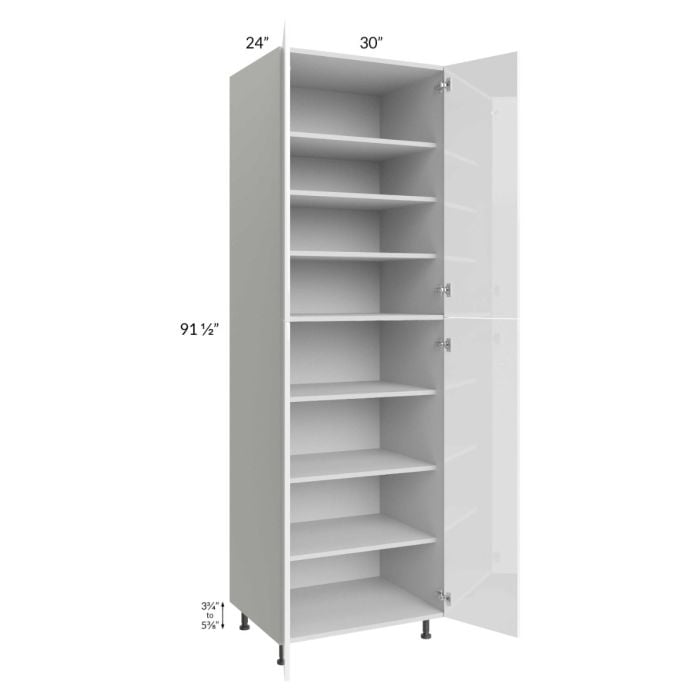 RTA Milan White Gloss 30" x 24" x 96" Pantry Cabinet (24" depth) with 1 Finished Side and 1 Roll Out Tray