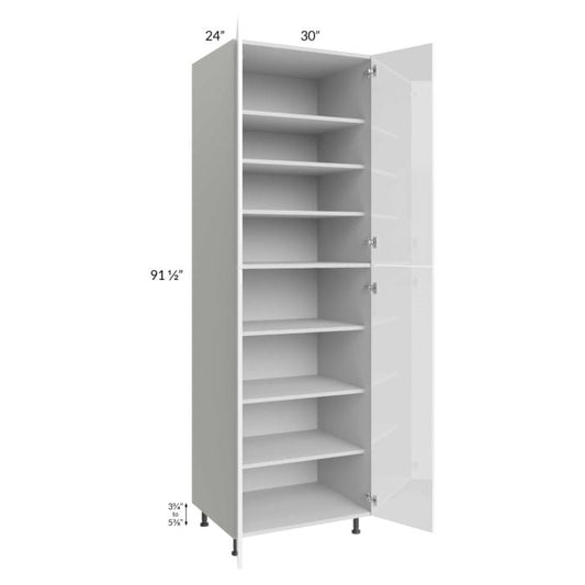 RTA Milan White Gloss 30" x 24" x 96" Pantry Cabinet (24" depth) with 1 Roll Out Tray