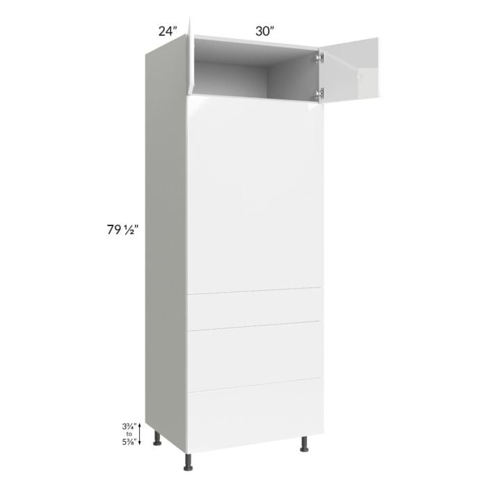 RTA Milan White Gloss 30" x 84" Single Oven Cabinet with 3 Drawers and 1 Finished Side