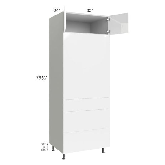 RTA Milan White Gloss 30" x 84" Single Oven Cabinet with 3 Drawers and 2 Finished Sides