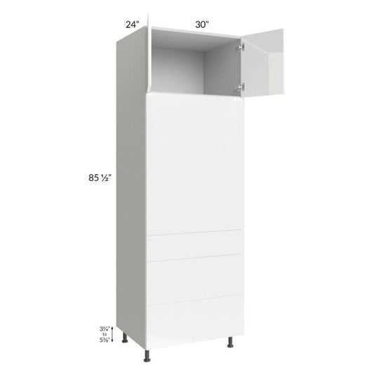 RTA Milan White Gloss 30" x 90" Single Oven Cabinet with 3 Drawers and 1 Finished Side