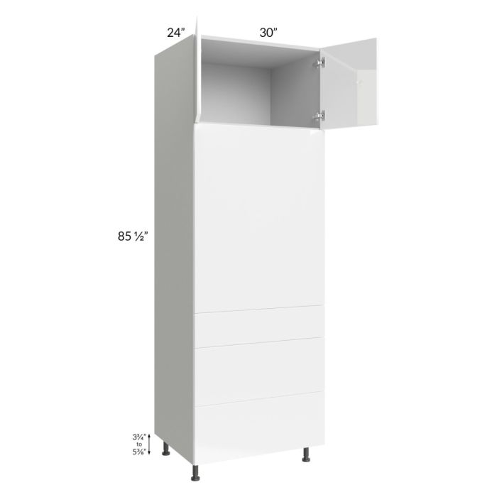 RTA Milan White Gloss 30" x 90" Single Oven Cabinet with 3 Drawers