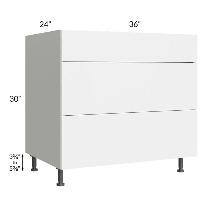 RTA Milan White Gloss 36" 3-Drawer Base Cabinet with 2 Finished Sides