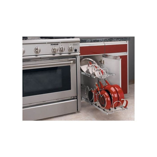 RTA Milan White Gloss Two-Tier Chrome Cookware Organizer for a 15" Base Cabinet