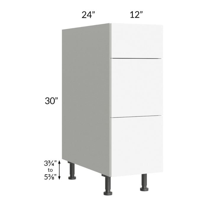 RTA Milan White Matte 12" 3-Drawer Base Cabinet