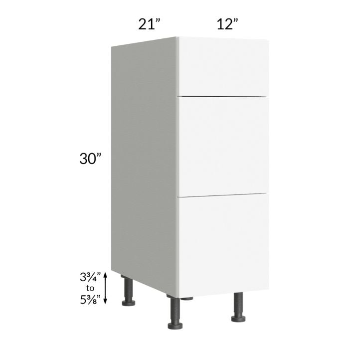 RTA Milan White Matte 12" Vanity 3-Drawer Base Cabinet with 1 Finished Side