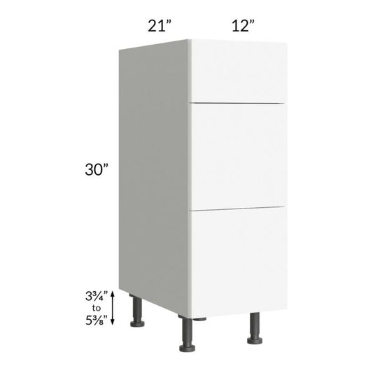 RTA Milan White Matte 12" Vanity 3-Drawer Base Cabinet with 1 Finished Side