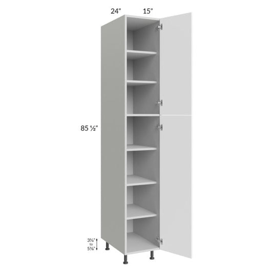 RTA Milan White Matte 15" x 24" x 90" Pantry Cabinet (24" depth)-Left Hinged with 1 Finished Side and 2 Roll Out Trays