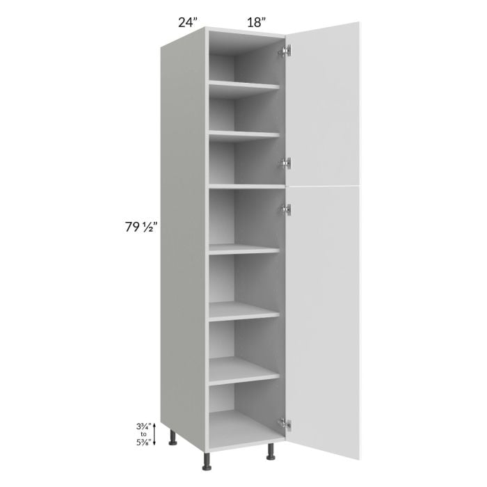 RTA Milan White Matte 18" x 24" x 84" Pantry Cabinet (24" depth)-Left Hinged with 1 Finished Side and 3 Roll Out Trays