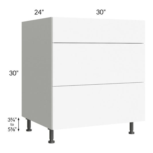RTA Milan White Matte 30" 3-Drawer Base Cabinet with 1 Finished Side