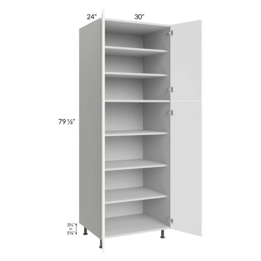 RTA Milan White Matte 30" x 24" x 84" Pantry Cabinet (24" depth) with 1 Finished Side and 3 Roll Out Trays