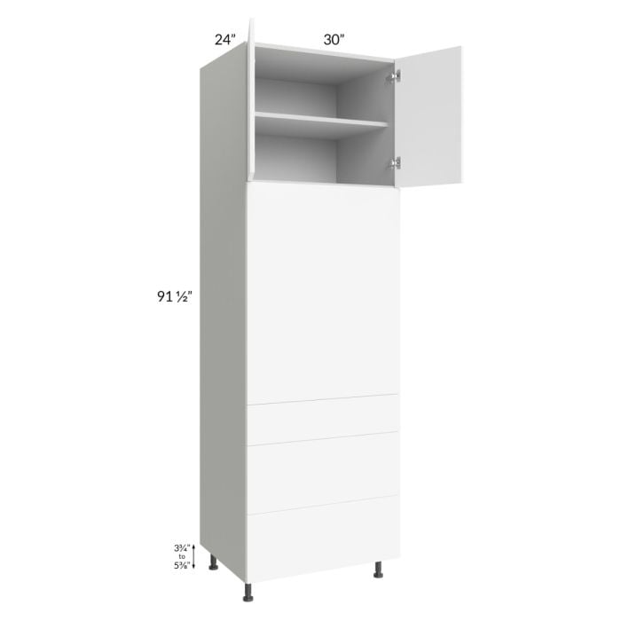 RTA Milan White Matte 30" x 96" Single Oven Cabinet with 3 Drawers and 1 Finished Side