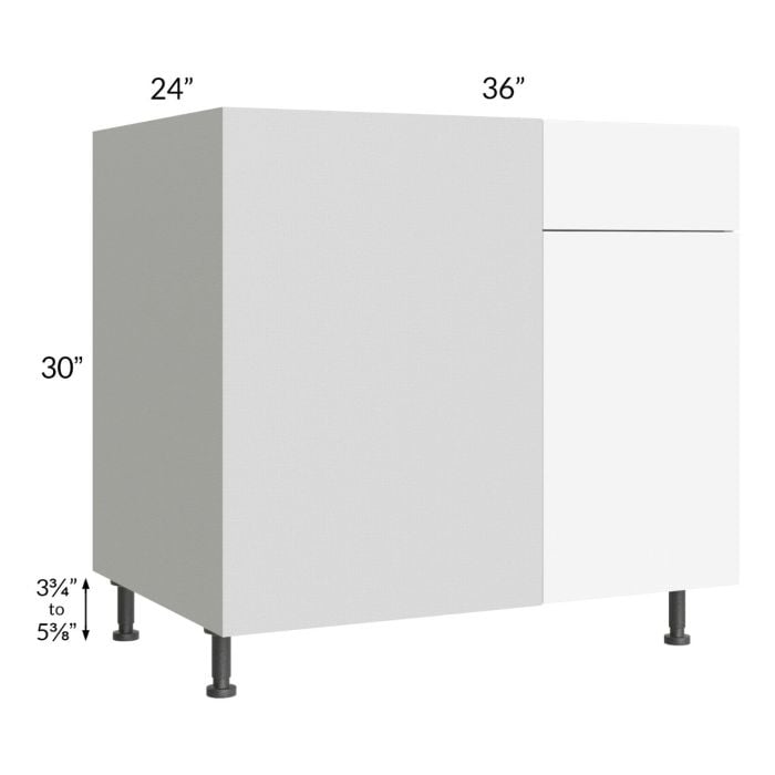 RTA Milan White Matte 42" - 45" Blind Base Corner Cabinet-Left-Hinged Door on Right with 1 Finished Side