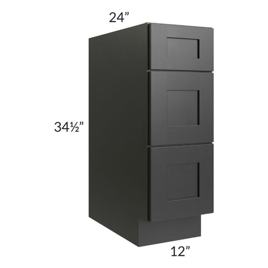 RTA Onyx Black Shaker 12" 3-Drawer Base Cabinet with 1 Decorative End Panel