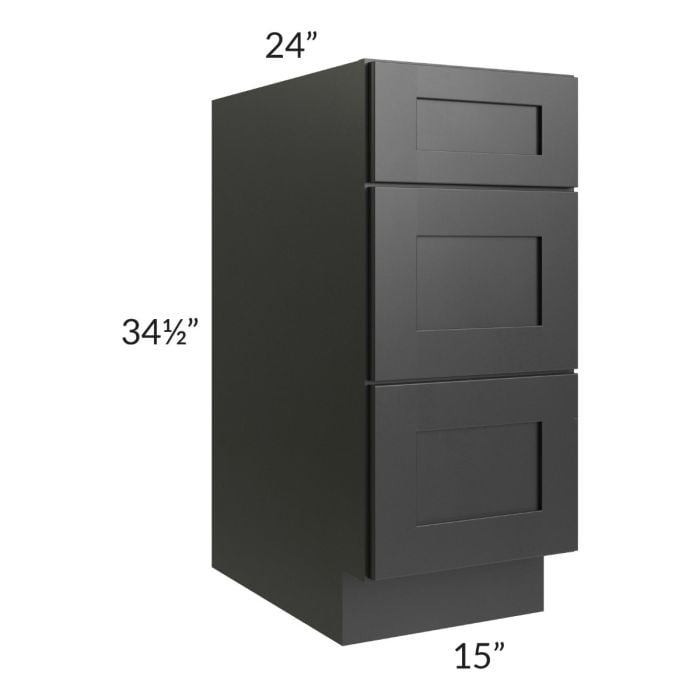RTA Onyx Black Shaker 15" 3-Drawer Base Cabinet with 1 Decorative End Panel
