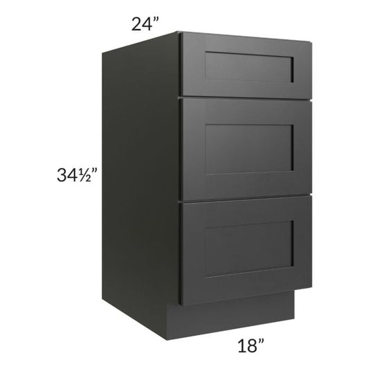 RTA Onyx Black Shaker 18" 3-Drawer Base Cabinet with 1 Decorative End Panel