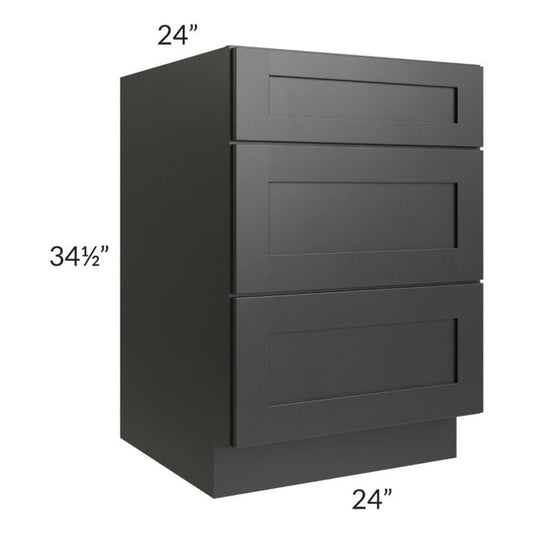RTA Onyx Black Shaker 24" 3-Drawer Base Cabinet with 1 Decorative End Panel