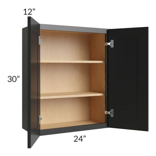 RTA Onyx Black Shaker 24" x 30" Wall Cabinet with 2 Decorative End Panels and Glass Door