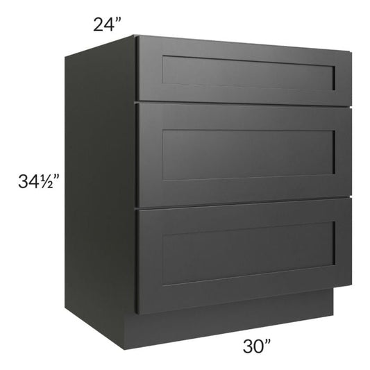 RTA Onyx Black Shaker 30" 3-Drawer Base Cabinet with 1 Decorative End Panel