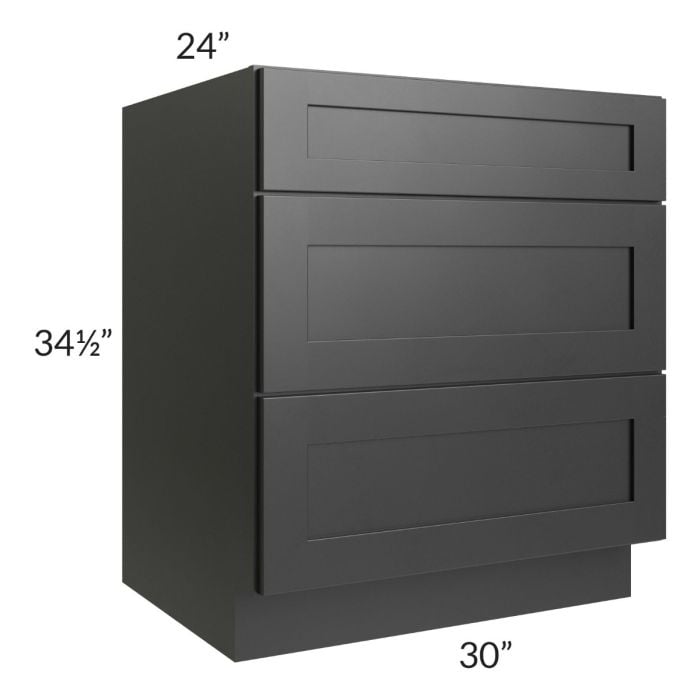 RTA Onyx Black Shaker 30" 3-Drawer Base Cabinet with 2 Decorative End Panels