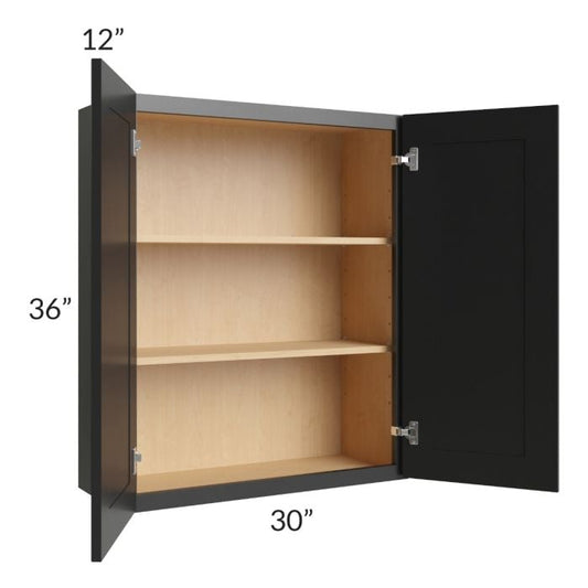 RTA Onyx Black Shaker 30" x 36" Wall Cabinet with 1 Decorative End Panel and Glass Door