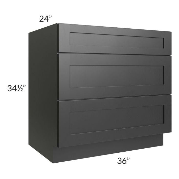 RTA Onyx Black Shaker 36" 3-Drawer Base Cabinet with 1 Decorative End Panel