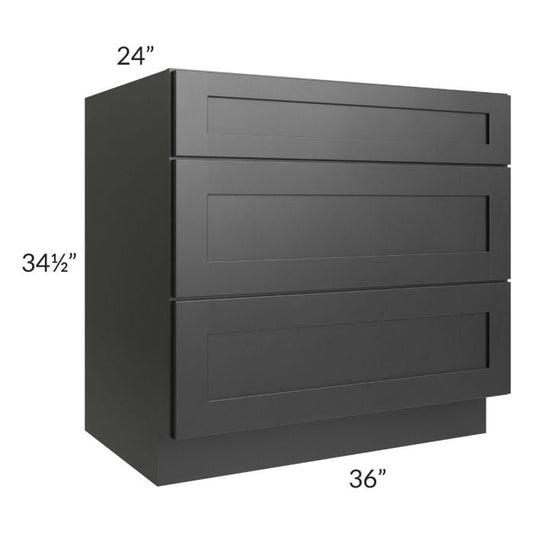 RTA Onyx Black Shaker 36" 3-Drawer Base Cabinet with 2 Decorative End Panels