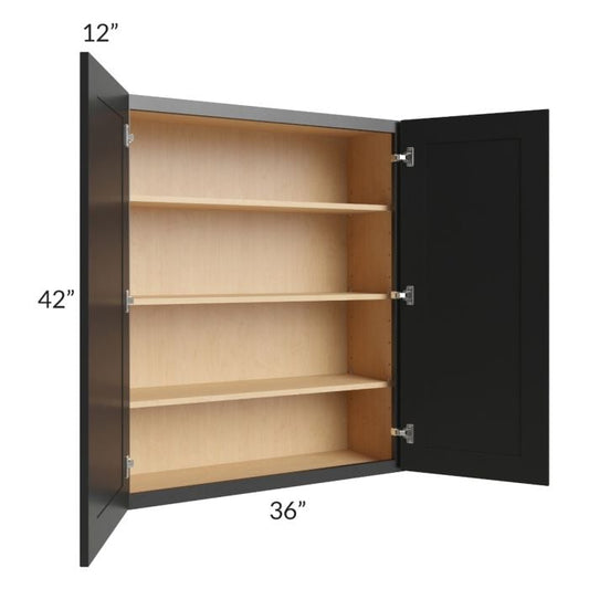 RTA Onyx Black Shaker 36" x 42" Wall Cabinet with 1 Decorative End Panel and Glass Door