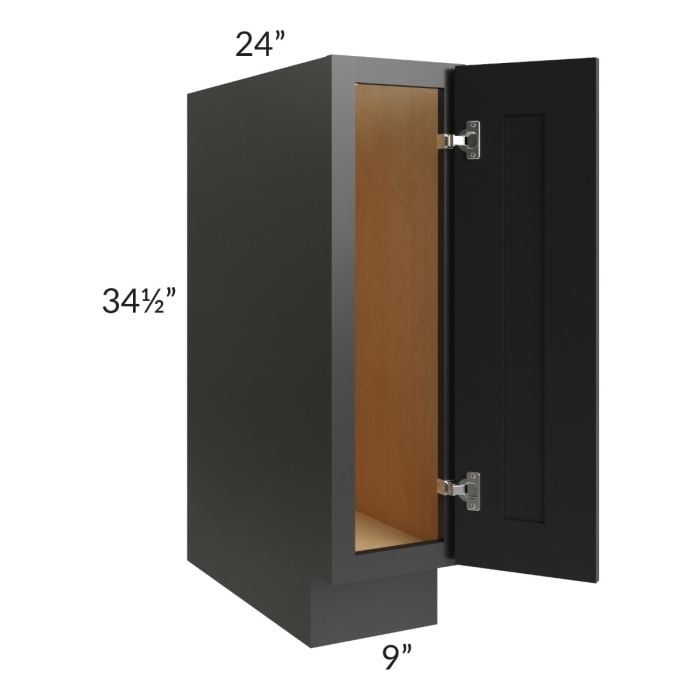 RTA Onyx Black Shaker 9" Full Height Door Tray Base Cabinet - Left Hinged with 1 Decorative End Panel