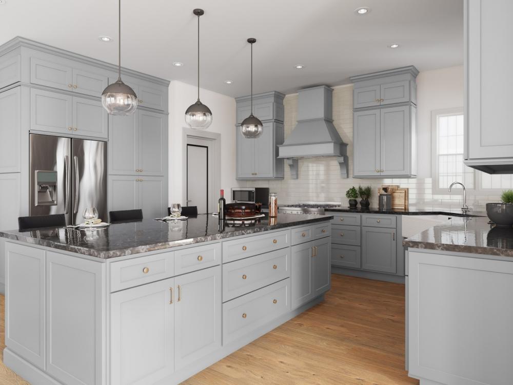 RTA Pewter Grey Shaker 33" Base Cabinet with 2 Roll Out Trays and 2 Decorative End Panels