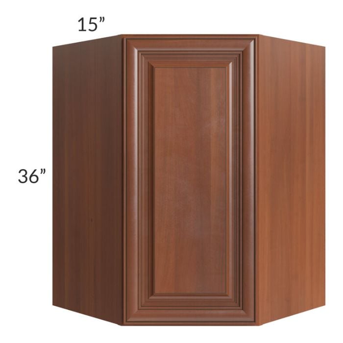 RTA Phoenix Caramel Glaze 27" x 36" Wall Diagonal Corner Cabinet with Mullion Glass Door (Textured Glass Included)