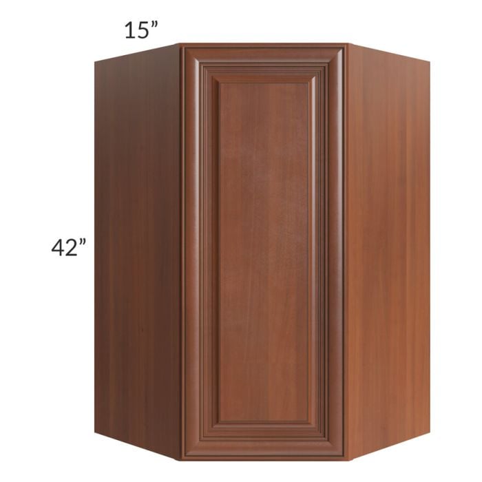 RTA Phoenix Caramel Glaze 27" x 42" Wall Diagonal Corner Cabinet with Mullion Glass Door (Textured Glass Included)