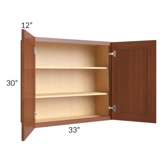 RTA Phoenix Caramel Glaze 33" x 30" Wall Cabinet with 2 Decorative End Panels and Mullion Glass Door (Textured Glass Included)