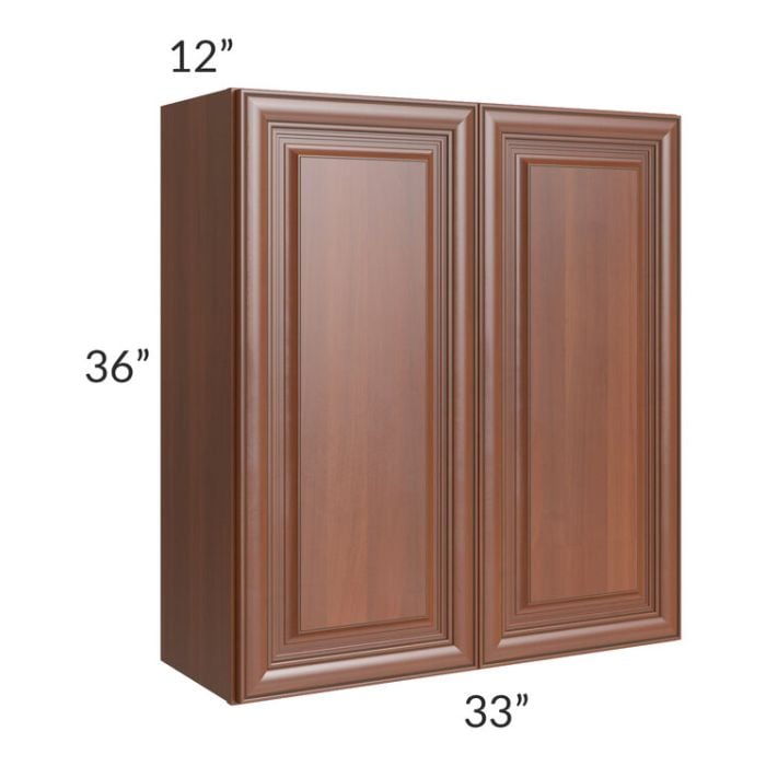 RTA Phoenix Caramel Glaze 33" x 36" Wall Cabinet with 1 Decorative End Panel and Mullion Glass Door (Textured Glass Included)