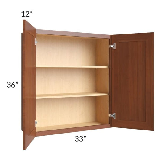 RTA Phoenix Caramel Glaze 33" x 36" Wall Cabinet with 1 Decorative End Panel and Mullion Glass Door (Textured Glass Included)