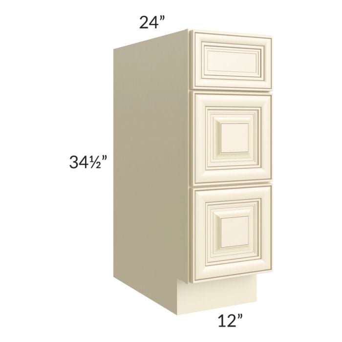 RTA Phoenix Cream Glaze 12" 3-Drawer Base Cabinet with 2 Decorative End Panels
