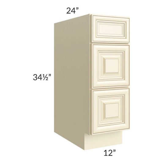 RTA Phoenix Cream Glaze 12" 3-Drawer Base Cabinet with 2 Decorative End Panels