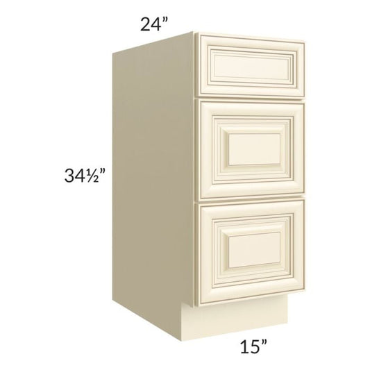 RTA Phoenix Cream Glaze 15" 3-Drawer Base Cabinet with 1 Decorative End Panel